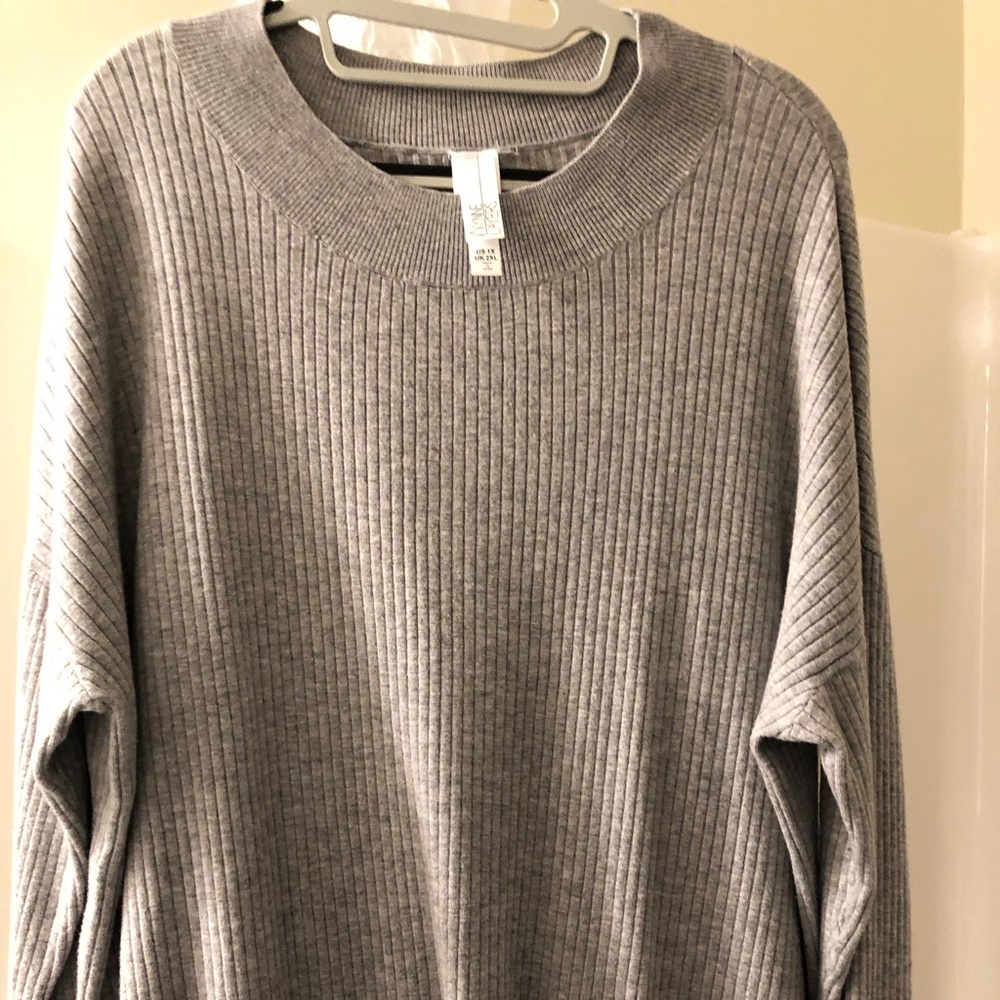 MarlaWynne Layers Light Gray Ribbed Crew Neck Sweater Pullover 3/4 sleeves 1X